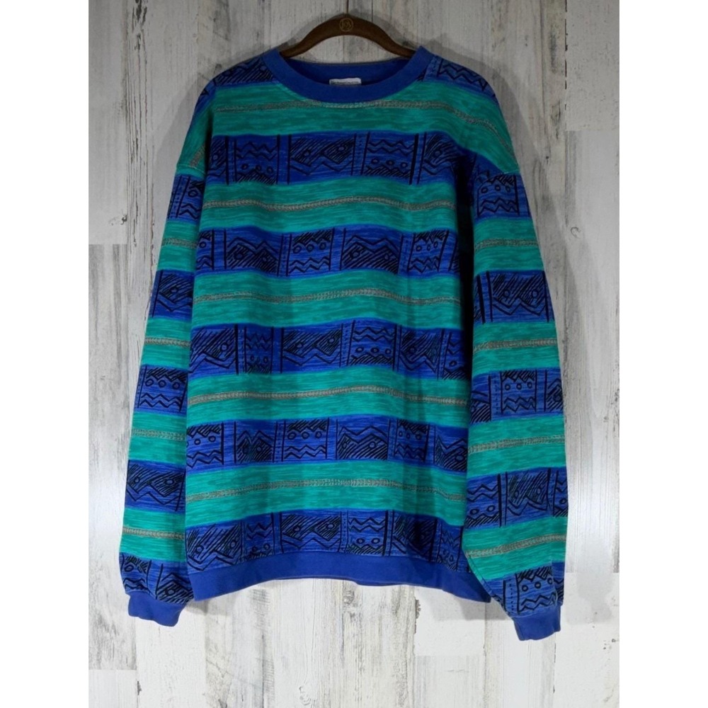 Greg Norman Reebok Sweatshirt XL Blue Green Vintage 90s Geometric Striped Cotton
